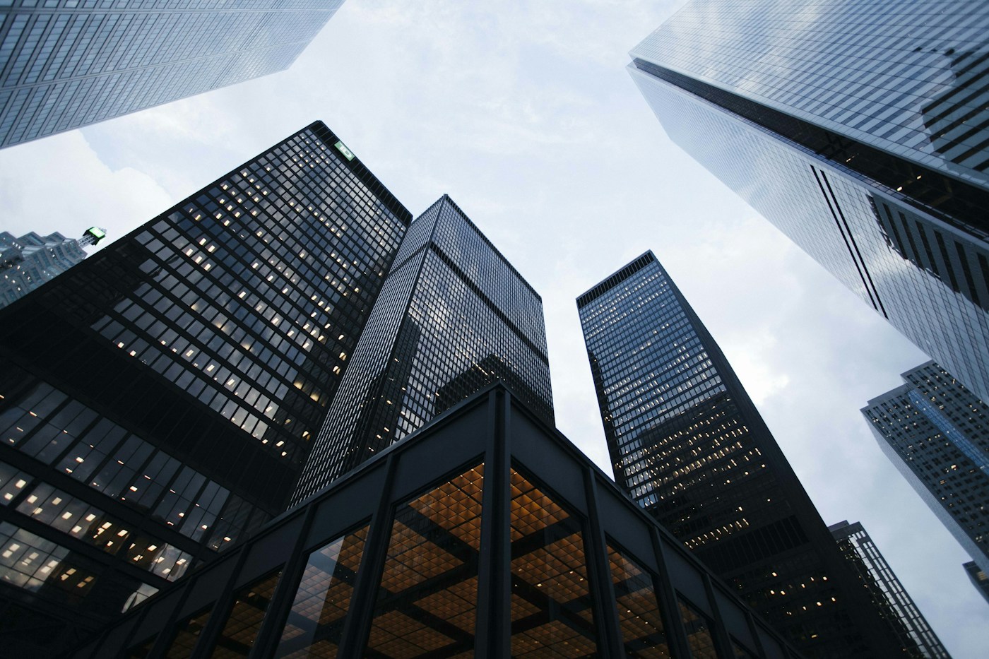 Modern architectural towers viewed from below